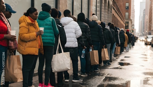 Long queue on street, waiting patiently. Public crowd. Women and men. Consumerism concep .