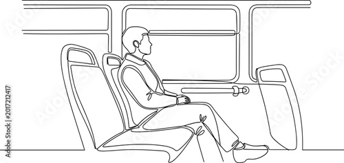 Man sitting in bus, looking out window, continuous line drawing