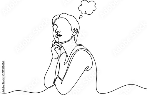 Continuous line drawing of a person thinking with a thought bubble