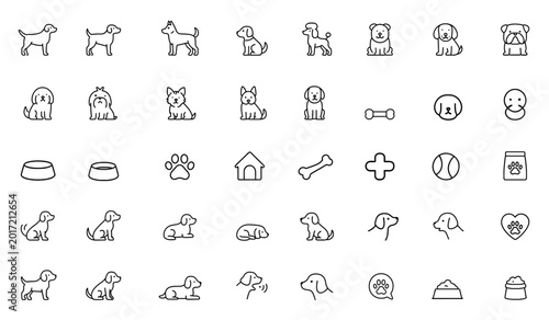 Canvastavla Vector line icon set of dog breeds: labrador, golden retriever, german shepherd, beagle, bulldog, poodle, dachshund, pug, shih tzu, maltese, yorkshire terrier thin linear illustration