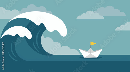 Bild auf Leinwand Paper boat navigating a giant wave on a stormy sea, business challenge concept