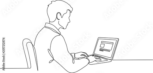 Man working on laptop, minimalist line art illustration