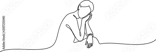 Tableau sur toile Minimalist line art of a pensive person resting head on hand, thinking, contempl