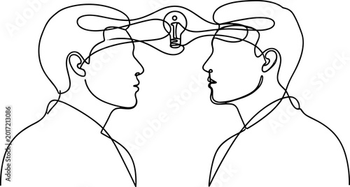Two heads connected by a lightbulb line art, symbolizing shared ideas and collaboration.