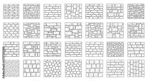 Collection of 30 hand-drawn stone and brick wall texture patterns in grey outline stone wall background