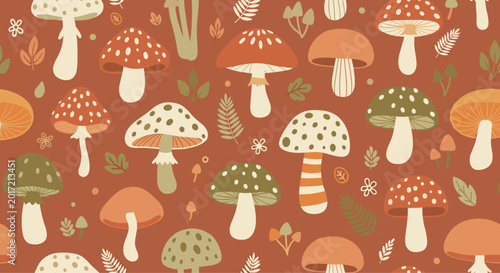 vintage mushroom seamless pattern forest autumn woodland background