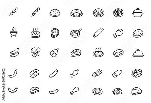 Tableau sur toile Meat product icon set vector: thin linear pictograms of kebab, shashlik, ground