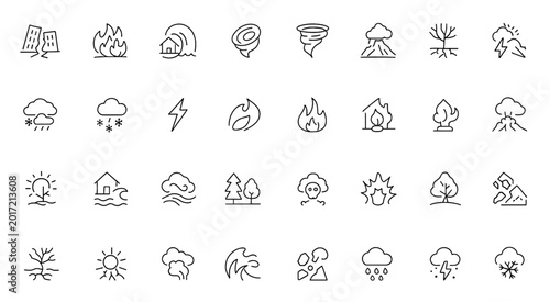 Quadro su tela Extreme weather natural disaster icon set: vector pictograms of environmental catastrophes, earthquake, wildfire, tsunami, hurricane, tornado, volcanic eruption, thin linear illustration