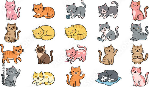 Cute cartoon cat collection with playful kittens sleeping sitting and funny pet poses vector illustration set