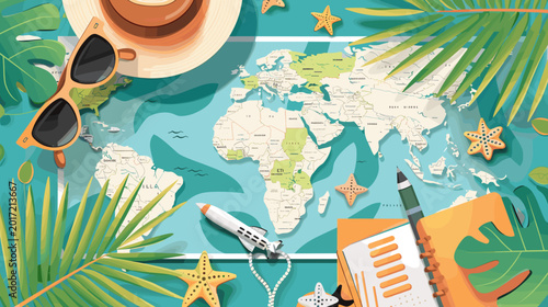 Top View Of World Map With Travel Accessories Like Sunglasses Hat And Starfish