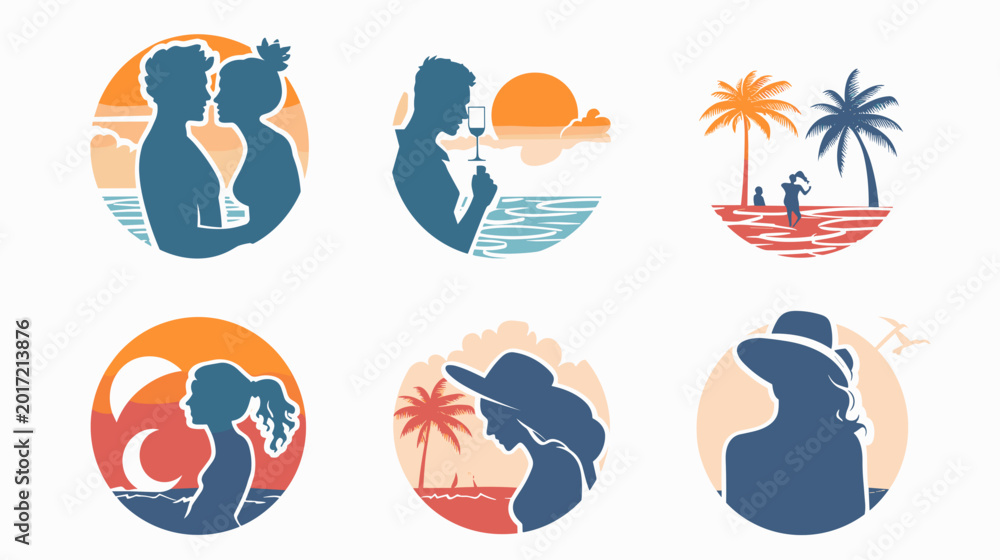 Fototapeta premium Tropical Beach Sunset Silhouettes Couple Palm Trees Ocean Waves Summer Vacation Vibes