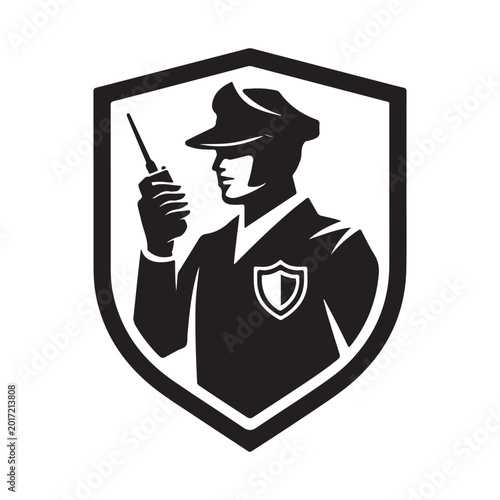 Security guard with walkie talkie silhouette inside shield shape black and white vector illustration high quality