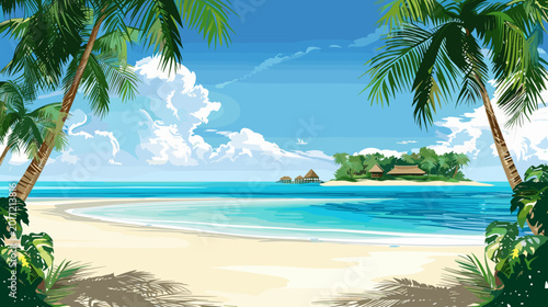 Bild auf Leinwand Tropical Beach Paradise with Palm Trees and Island in the Ocean on a Sunny Day