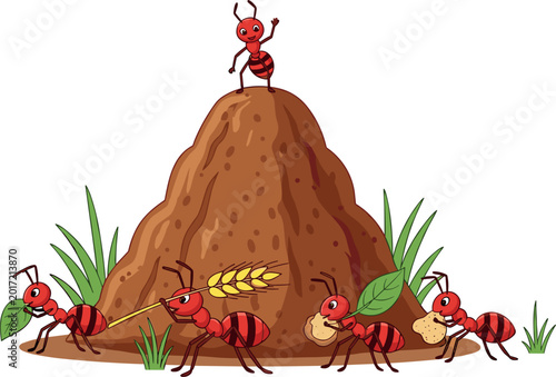 Schilderij op canvas Ant colony teamwork cartoon vector illustration with anthill, hardworking ants c