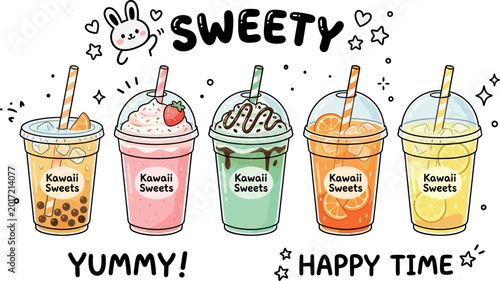 Cute kawaii sweet drinks collection with bubble tea smoothies and fruity beverages vector illustration design
