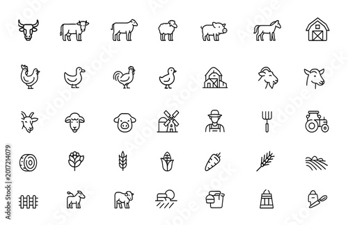 Tableau sur toile Livestock and farm animals icon set: thin linear vector illustrations of bull, cow, goat, sheep, lamb, pig, horse, domestic pictograms, animal farming symbols, rural life, agriculture, barnyard