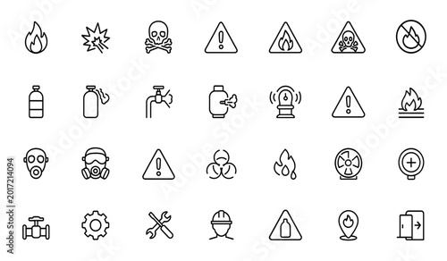 Foto Gas safety icon set glyphs — vector illustrations of flammable, explosive, toxic hazards, danger signs, no flame zone, protective mask, warning labels, black silhouette pictograms, safety