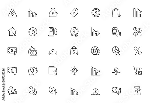 Economic Instability and Inflation icon set: thin linear vector pictograms illustrating financial challenges, rising prices, money loss, falling savings, and decreasing purchasing power.