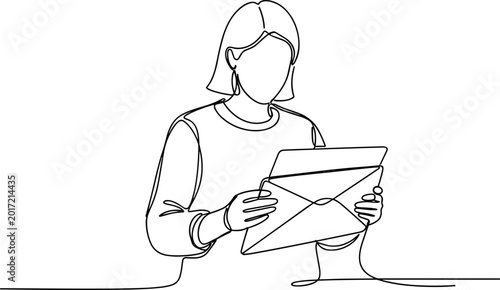 Foto Woman holding envelope, single line drawing, minimalist, communication, letter,