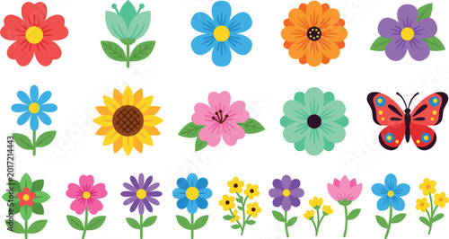 Cute colorful flower collection with sunflower butterfly and spring floral cartoon vector illustration set design