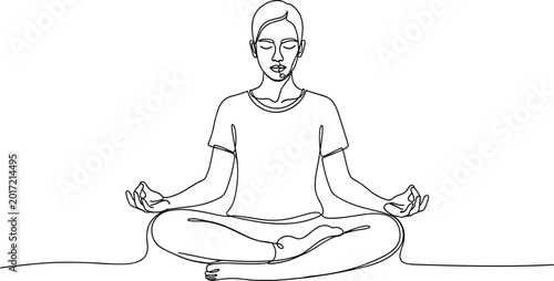 Meditating Person, Lotus Pose, Mindfulness, Single Line Drawing