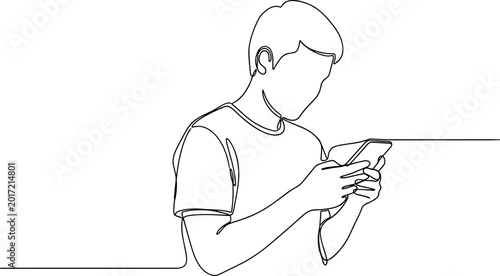 Slika na platnu Minimalist single line drawing of a young man engrossed in his smartphone screen
