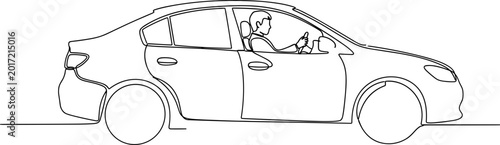 Man driving car, simple line art, side view, minimal sketch of person in sedan