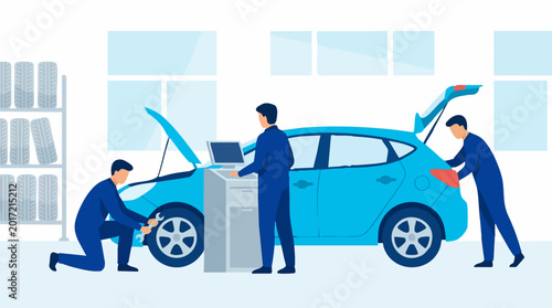 Quadro su tela Auto mechanics performing diagnostic and repair work on a vehicle in a garage