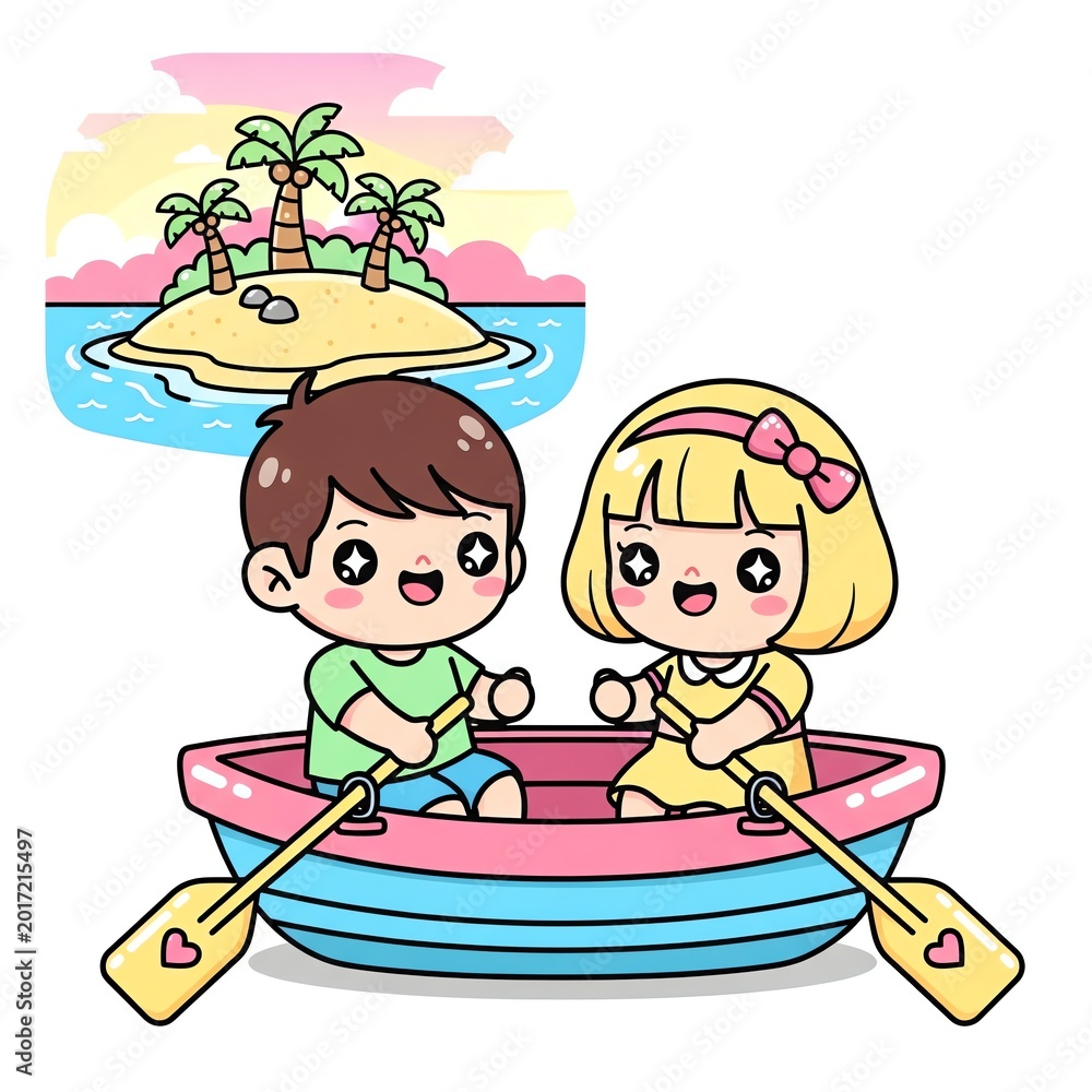 Fototapeta premium Cute Cartoon Kids Rowing Boat to Tropical Island.