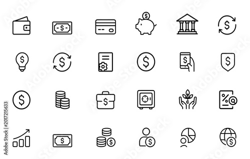 Obraz na plátně Money and finance icon set: black silhouette vector glyphs of wallet, cash, credit card, piggy bank, bar chart, banking, transactions, financial management illustration, economy, business and more