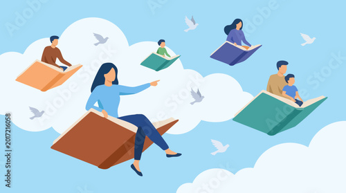 Photos People flying on books in blue sky, concept of education, imagination and learni