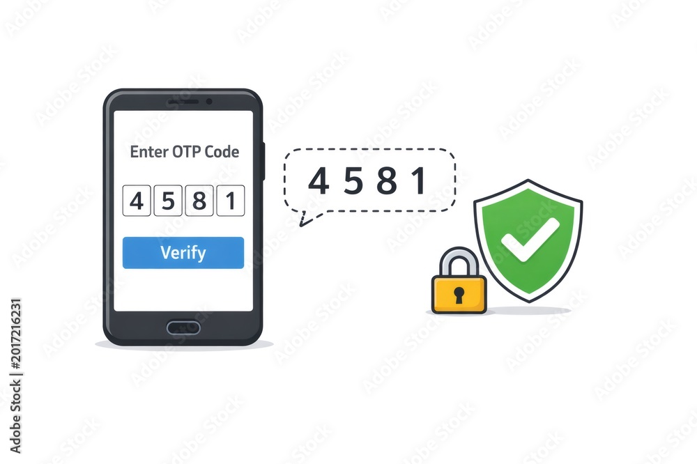Fototapeta premium Smartphone displaying an OTP code entry form alongside a padlock and a security shield with a checkmark, representing secure two factor authentication and digital data protection