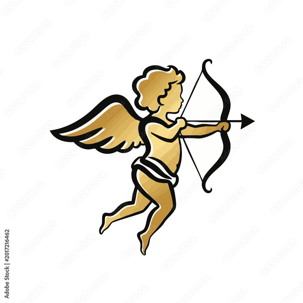 Fototapeta premium Cupid with bow and arrow vector illustration. Golden angel of love isolated on transparent background. Valentine's day graphic element