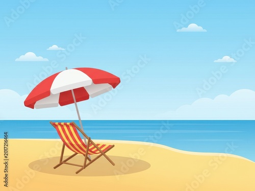 Red and white striped beach umbrella and wooden deck chair on a sandy shore under a clear blue summer sky