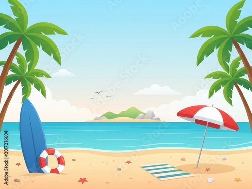 Tropical beach landscape with surfboard and red white umbrella for summer vacation background