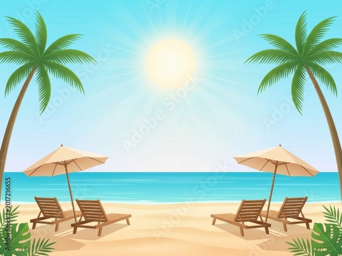 Tropical beach scene with sun loungers and umbrellas under bright sunlight and palm trees for summer vacation