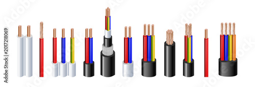 Obraz na płótnie Various types power, acoustic cables with electrical wire conductors held together with overall sheath realistic set vector illustration