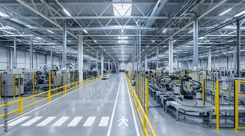 Modern automated factory with industrial robots and conveyor systems