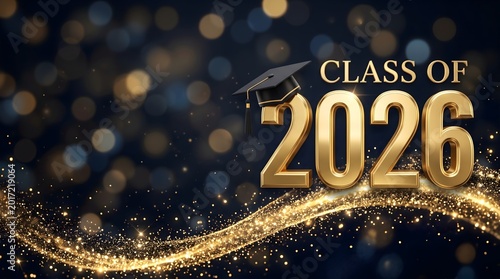 Class of 2026 Gold 3D Numbers with Graduation Cap and Glitter Wave on Dark Navy Blue Bokeh Background