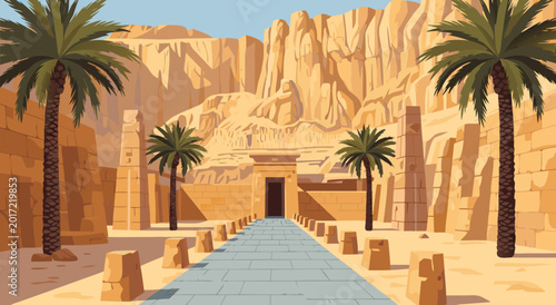 Foto Egyptian Temple Entrance with Palm Trees A Stylized Vector Illustration