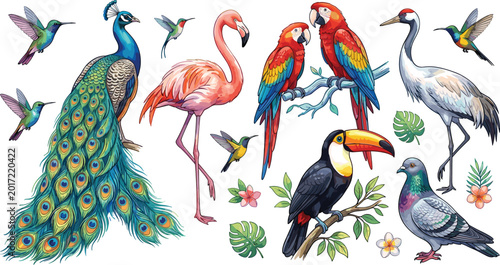 Obraz na plátně Exotic tropical bird collection illustration, colorful peacock flamingo parrots