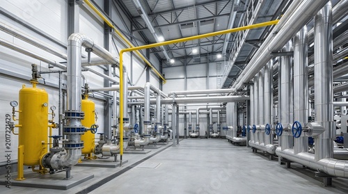 Modern industrial plant interior with a complex system of pipes and pumps