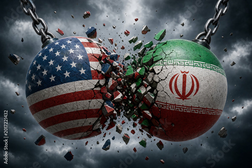 Collision of American and Iranian flag spheres with debris