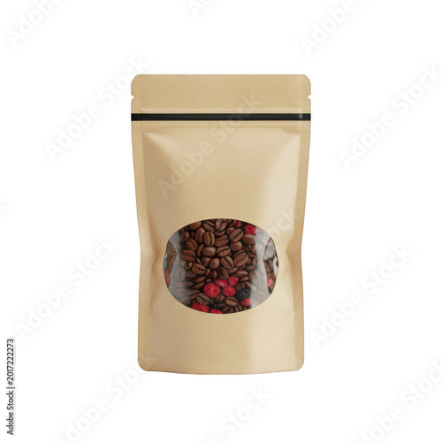 Kraft paper pouch with coffee beans and dried berries isolated on a transparent background