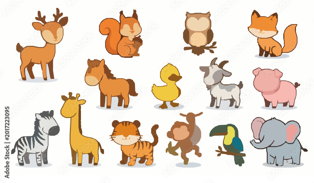 Fototapeta premium Cartoon Animal Vector Illustration Set Including Bear, Hedgehog, Rabbit, Cow, Pig, Chick, Lion, Cat, Monkey, Flamingo, Crocodile, and Toucan for Education and Wildlife Design