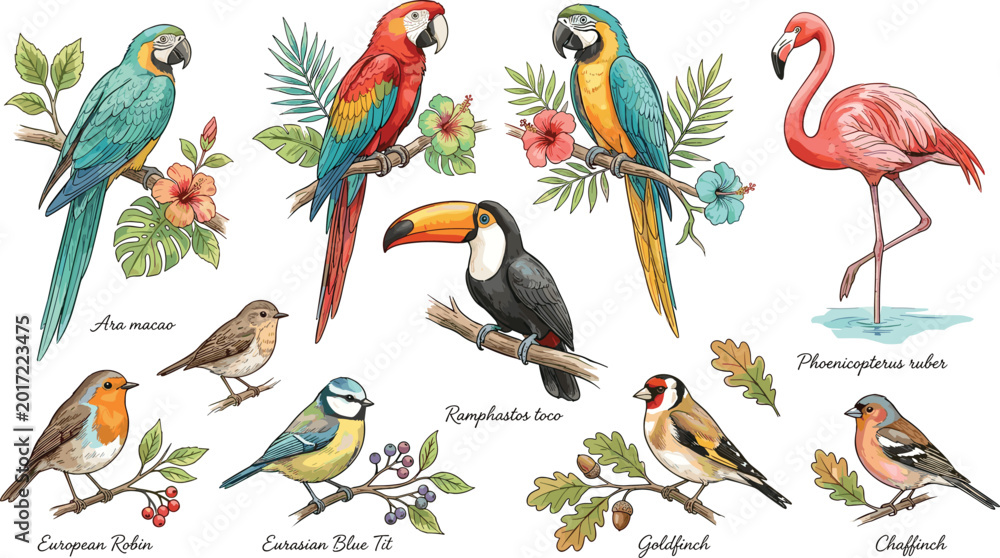 Obraz premium Tropical and wild bird collection illustration, colorful exotic parrots, flamingo and woodland birds with botanical decorative elements