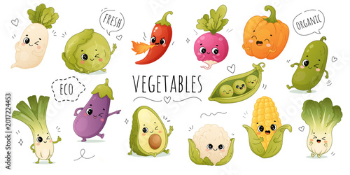 Cute vegetable characters collection with kawaii healthy food cartoons