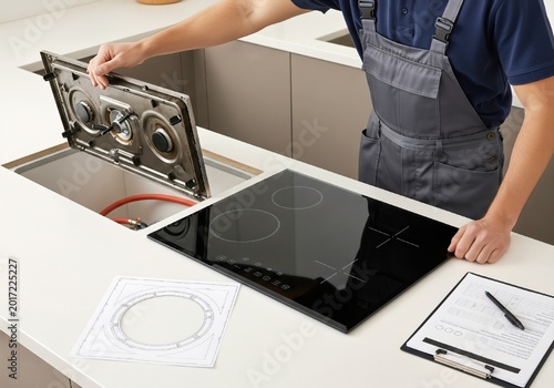 A technician in overalls removes an old gas hob in order to install a new electric hob, using a plan and paperwork to ensure the appliance replacement is correct