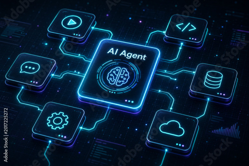 Neon blue AI agent interface with connected icons and holographic tiles
