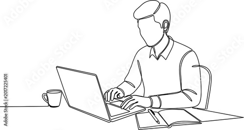 Fotografi Man Working On Laptop - Continuous Line Drawing